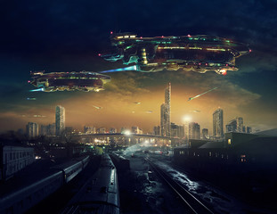 urban landscape of post apocalyptic future with flying spaceships. life after a global war. digital 