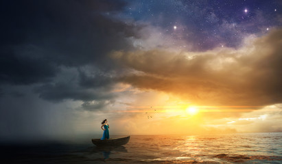 Wall Mural - woman escaping storm