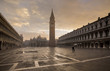 VENICE; NOVEMBER 4: Early view of historical square of San Marco in the lagoon city of Venice in Italy. The city is getting ready for high tide on November 4, 2014