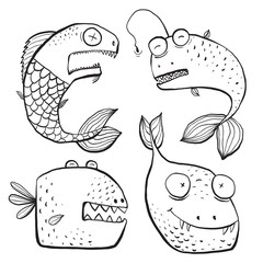 Wall Mural - Fun Black and White Line Art Fish Characters Coloring Book