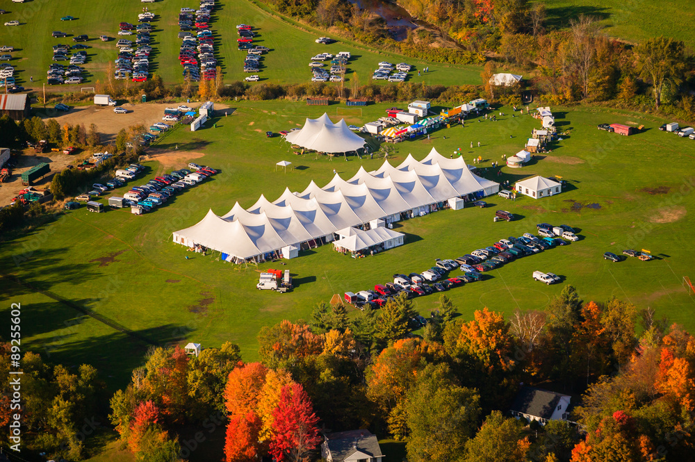 Aerial view of event tent in Vermont. - obrazy, fototapety, plakaty 