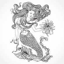 Mermaid With Beautiful Hair And Marine Plants. Tattoo Art. Retro Banner, Invitation,card, Scrap Booking. T-shirt, Bag, Postcard, Poster.Highly Detailed Hand Drawn Vector Illustration