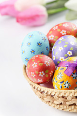 Wall Mural - Easter eggs, basket, flowers