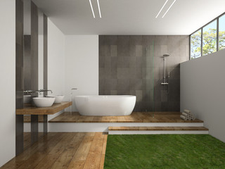 Wall Mural - Interior of the bathroom with grass floor 3D rendering