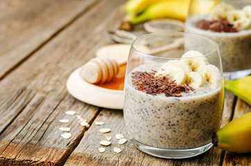 overnight banana oats quinoa Chia seed pudding decorated with ba