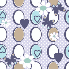 Seamless flowers pattern with dots, circles and butterfly backgr