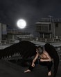 Fantasy illustration of a male urban guardian angel crouching on a city rooftop on a dark night with full moon, 3d digitally rendered illustration