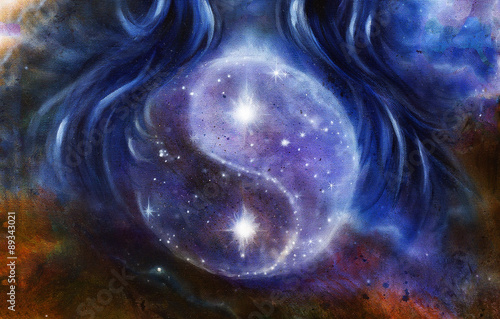 Fotomural Yin Yang Symbol in space with stars, about woman hair