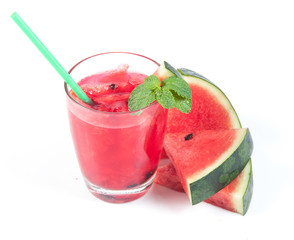 Wall Mural - Watermelon juice in a glass on a white background