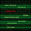 Highlighted cyber atack related words between random green chara