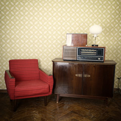 Wall Mural - Retro room. Armchair and radio vinyl record player in vintage in