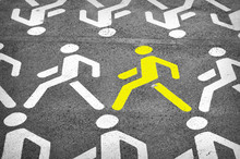 Pedestrian Street Sign On A Gray Asphalt Road - Yellow Leader