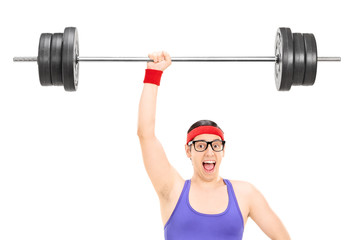 Sticker - Strong nerdy athlete holding a heavy weight in one hand