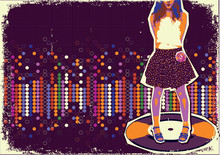 Modern Fashion Girl On Music Record.Colorful Dotted Background O