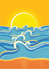 Wall Mural - Sea waves and yellow sun.Vector illustraction