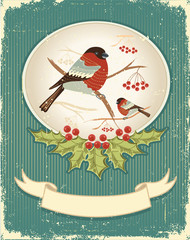 Wall Mural - bullfinches in winter.Vintage christmas card for text