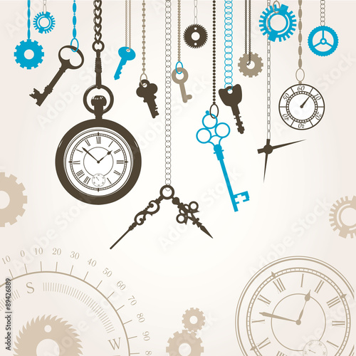 Obraz w ramie Vector illustration of the dial, compass, keys and parts of hour