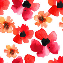 Seamless Background With Red Poppies Watercolor.