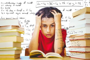 Poster - Composite image of tensed boy sitting with stack of books