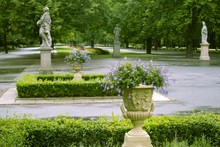 Green Summer Park In Warsaw City With Focus On Flower Pot