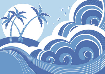 Wall Mural - sea waves and island. Vector graphic illustration of water seasc