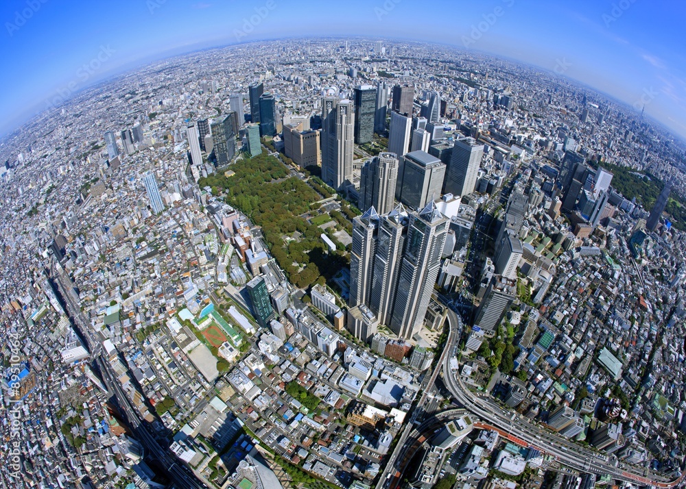 新宿副都心／新宿西口高層ビル群の魚眼空撮 Stock Photo | Adobe Stock
