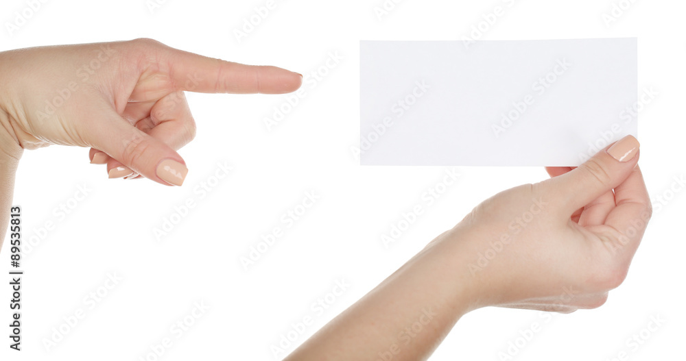 Hands holding blank card isolated on white