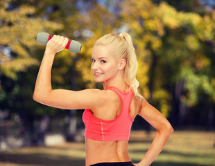 Poster - young sporty woman with light dumbbell