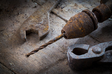 Old rusty tools in the workshop