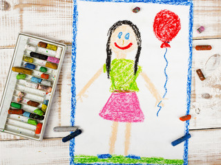 Wall Mural - colorful drawing: happy girl with balloon