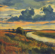Oil painting. An evening landscape with cloudy sky and the river