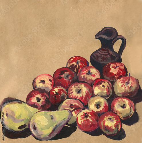 Naklejka na meble Gouache. Painting. Still life with fruit. Jug, apples, pears