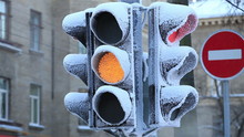 Traffic Light Covered With Frost On A Frosty Winter Day.