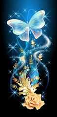 Wall Mural - Transparent butterfly with golden ornament and glowing firework