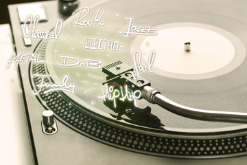  Turntable with vinyl and music genres writen
