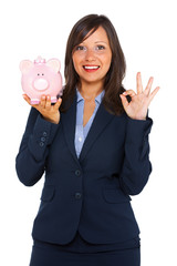 Poster - Businesswoman holding pig money-box