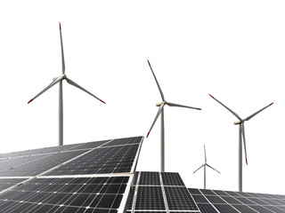 Wall Mural - solar energy panels with wind turbines on white background
