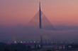Cable bridge in fog at autumn morning, Belgrade, Serbia