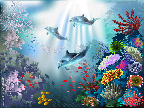 Naklejka na kafelki The underwater world with dolphins and plants 