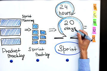 Image of scrum process and scrum sprint. Hand of project manager writing on white board cycle of scrum iteration for team and scrum master.