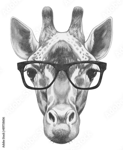 Foto-Lamellenvorhang - Portrait of Giraffe with glasses. Hand drawn illustration. (von Victoria Novak)