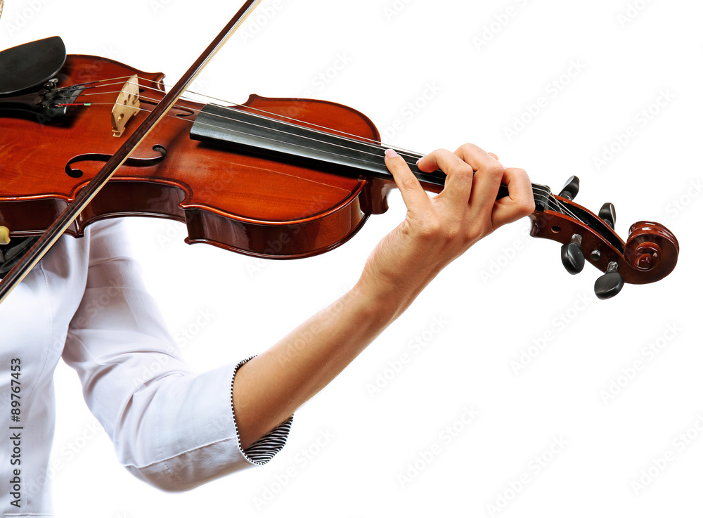 Violinist playing violin isolated on white