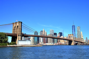 View of New York City Downtown Skyline with Brooklyn Bridge