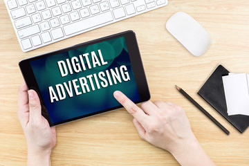 Wall Mural - finger click screen with digital advertising word with keyboard