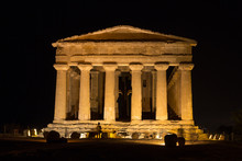 Temple Of Concord At Night. Front View. New Led Lighting System. Valley Of Temples, Agrigento.