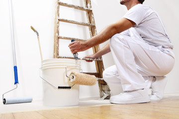 Wall Mural - painter man at work with a roller, bucket and ladder, bottom view