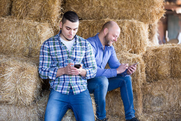 Wall Mural - Two farmers with phones at hayloft