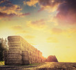 Field with hay or straw bales on background of beautiful sunset sky.