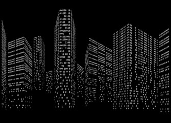 Binary code in form of futuristic city skyline
