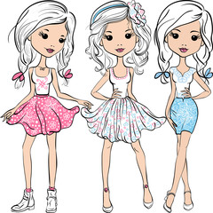 Vector set fashion cute happy girls